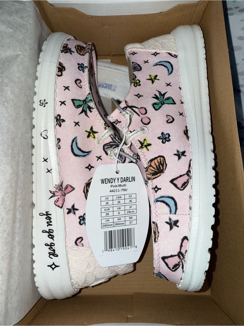 Hey Dude Pink Multi Kids Sneakers with Moon & Bow Print